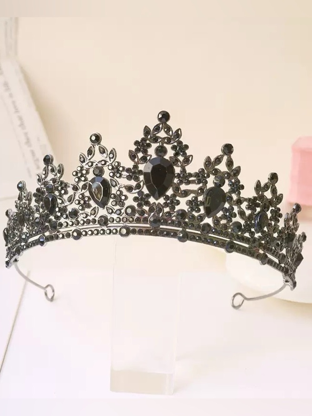 Black Jeweled Floral Tiara Headpiece - Women Accessories